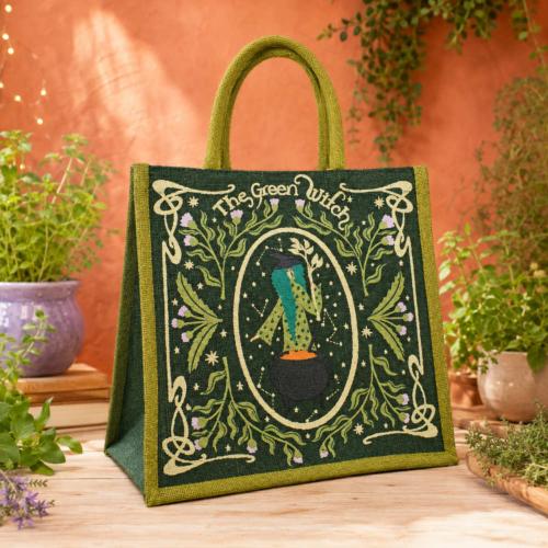 Jute Shopping Bag, Green Witch 30x30cm