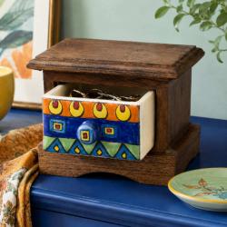 Mini Chest Mango Wood 1 Ceramic Drawer Blue 16x12x10cm