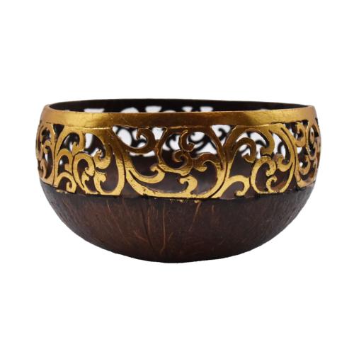 Coconut Bowl Half Brown Half Carved Gold Colour Lacquer 18x9cm