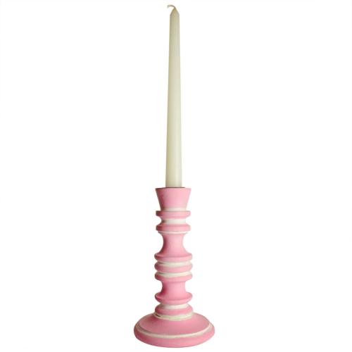 Candlestick/holder hand carved eco-friendly mango wood pink 18.5cm height