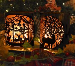 Metal Die Cut Candle Holder, Deer in woodland, 13cm height