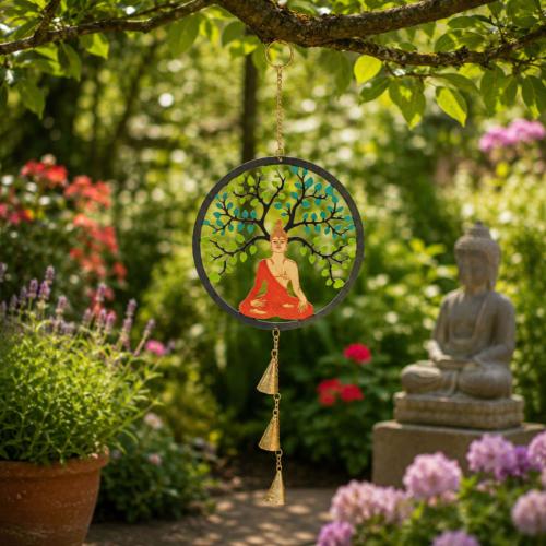 Hanging Windchime Metal Buddha under Tree 20cm diameter
