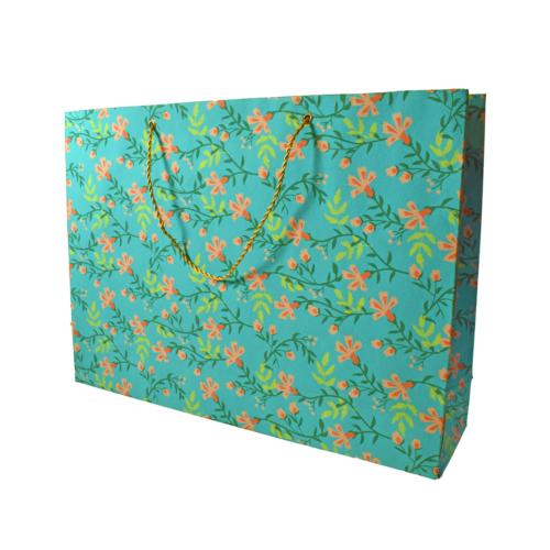 Gift Bag Handmade Paper Floral Design on Teal 38 x 28 x 10cm
