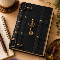 Notebook with Key Leather Bound Black 13 x 18cm