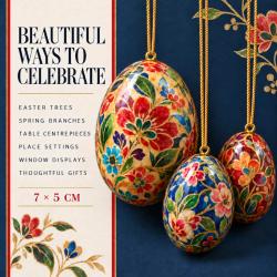 Box of 30 Hanging Egg Decorations Floral Assorted Papier Maché 7cm