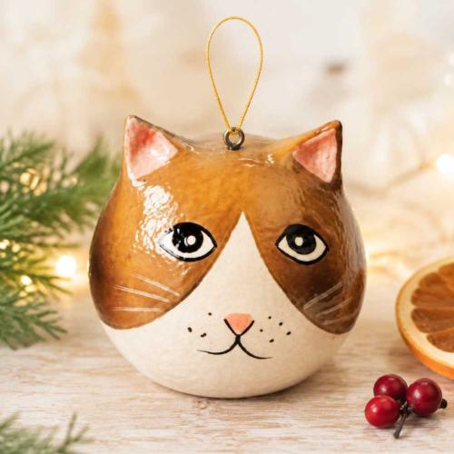 Cat Hanging Decoration Papier Mâché Brown 5cm