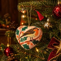 Hanging Heart Decoration Papier Mâché Robin Design 6.5cm