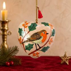Hanging Heart Decoration Papier Mâché Robin Design 7.5cm