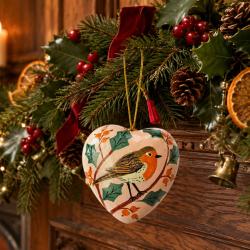 Hanging Heart Decoration Papier Mâché Robin Design 7.5cm