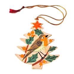 Hanging Tree Shape Decoration Papier Mâché Robin Design 10cm