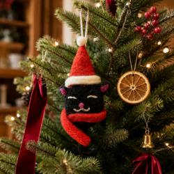 Hanging Decoration Handcrafted Felt Black Cat Red Hat 3x15cm