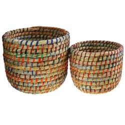 Set of 2 round grass baskets, natural + multicoloured