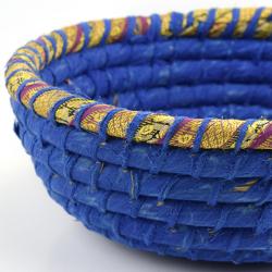 Round basket, recycled sari material blue 26x9cm