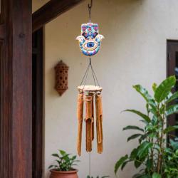 Handcrafted Bamboo Wind Chime with Hamsa Hand