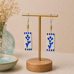 Earrings Kisii Stone Rectangle with Blue Flower