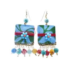 Earrings Square with 5 Drop Recycled Beads