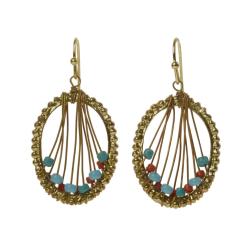 Earrings oval gold colour with strands and multicoloured beads