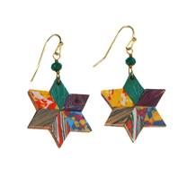 Earrings, multi coloured star, painted clay