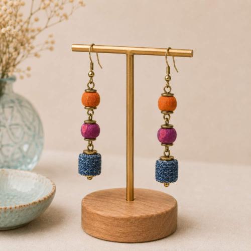 Earrings recycled denim jeans, 2 cloth beads & mini roll