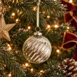Glass Bauble Round Swirly Pattern 10cm Silver Colour