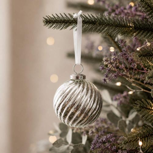 Glass Bauble Round Swirly Pattern 7.5cm Silver Colour