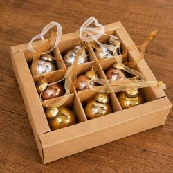 Box of 9 Glass Tree Decorations Round Silver Copper Gold