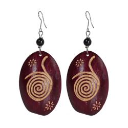 Earrings, cow bone oval shape, maroon 5.5 (L) x 3.5 (W) cm