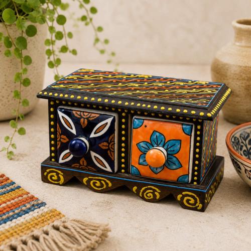Mini Chest Mango Wood Black 2 Ceramic Drawers 16x10x10cm