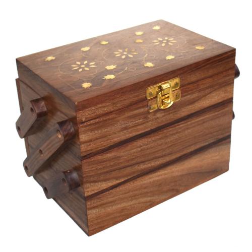 Jewellery box Sheesham wood folding, inlaid brass floral design 17 x 12 x 11cm