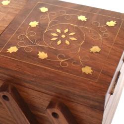 Jewellery box Sheesham wood sliding, inlaid brass floral design 20 x 9 x 10cm