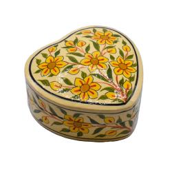 Heart Shaped Trinket Box, yellow floral design, papier mâché, 8cm