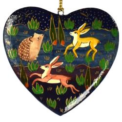 Hanging decoration, woodland animals on heart, papier mâché 10cm