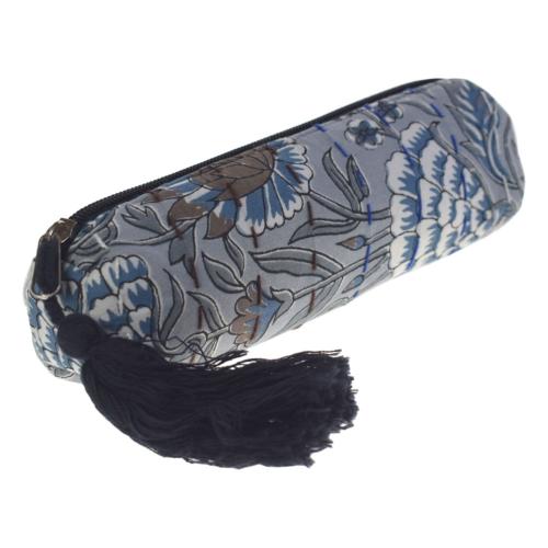 Blockprint cotton pencil case/cosmetic bag kantha stitch 20x6cm