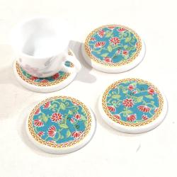 Single Ceramic Coaster Red Flowers on Blue