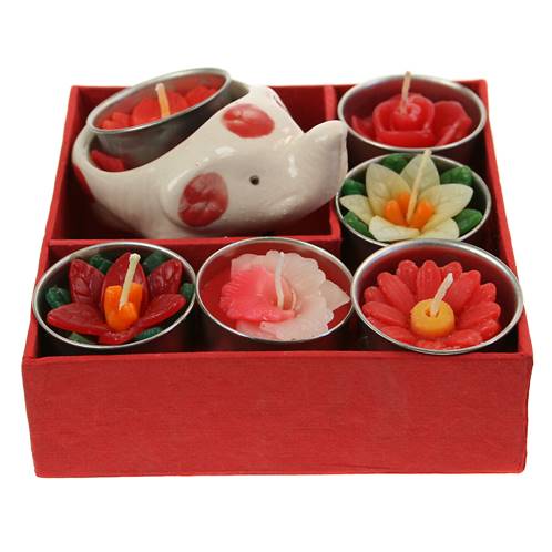 Pack of 6 t-lites with elephant holder, red