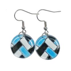 Earrings Recycled Glass Round Check Pattern 2cm diameter
