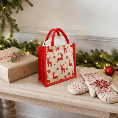 Jute Christmas gift bag, reindeer design, 20x20cm