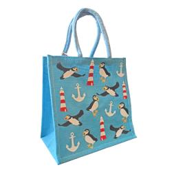 Jute shopping bag, Lighthouse and Puffins 30x30cm