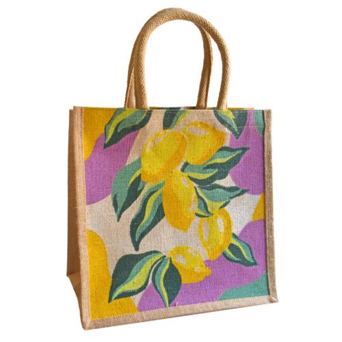 Jute shopping bag, square, Lemons