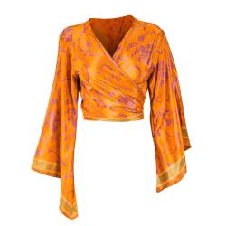 GENKI Wrap Top with Belle Sleeves, upcycled silk one-size colours will vary
