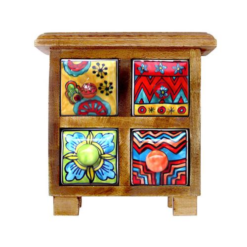 Mini Chest Mango Wood 4 Ceramic Drawers Multicoloured 19x10x18cm 