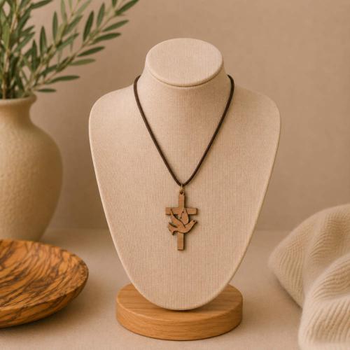 Pendant olive wood, cross with dove, 2 x 3.5cm