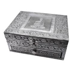 Jewellery box with drawer, aluminium Buddha design, 23x10x18cm