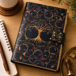 Notebook Leather Tree of Life with Coloured Leaves 13 x 18cm