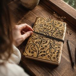 Notebook Leather Bound Leaves/Flowers Brown 13 x 18cm