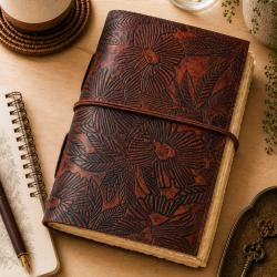 Notebook Leather Bound Flowers Brown 13 x 18cm
