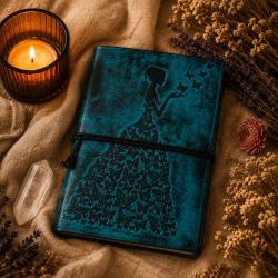 Notebook Leather Bound Butterfly Dress Sea-Blue 13 x 18cm