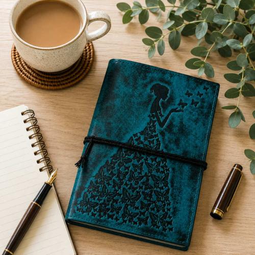 Notebook Leather Bound Butterfly Dress Sea-Blue 13 x 18cm