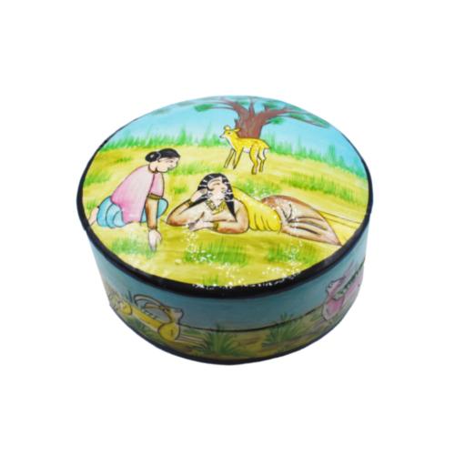 Round Trinket Box Women with Deer Papier Mâché 11cm