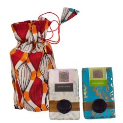 2 handmade Sacred Mark soap bars in drawstring bag, lavender coconut & lemongrass